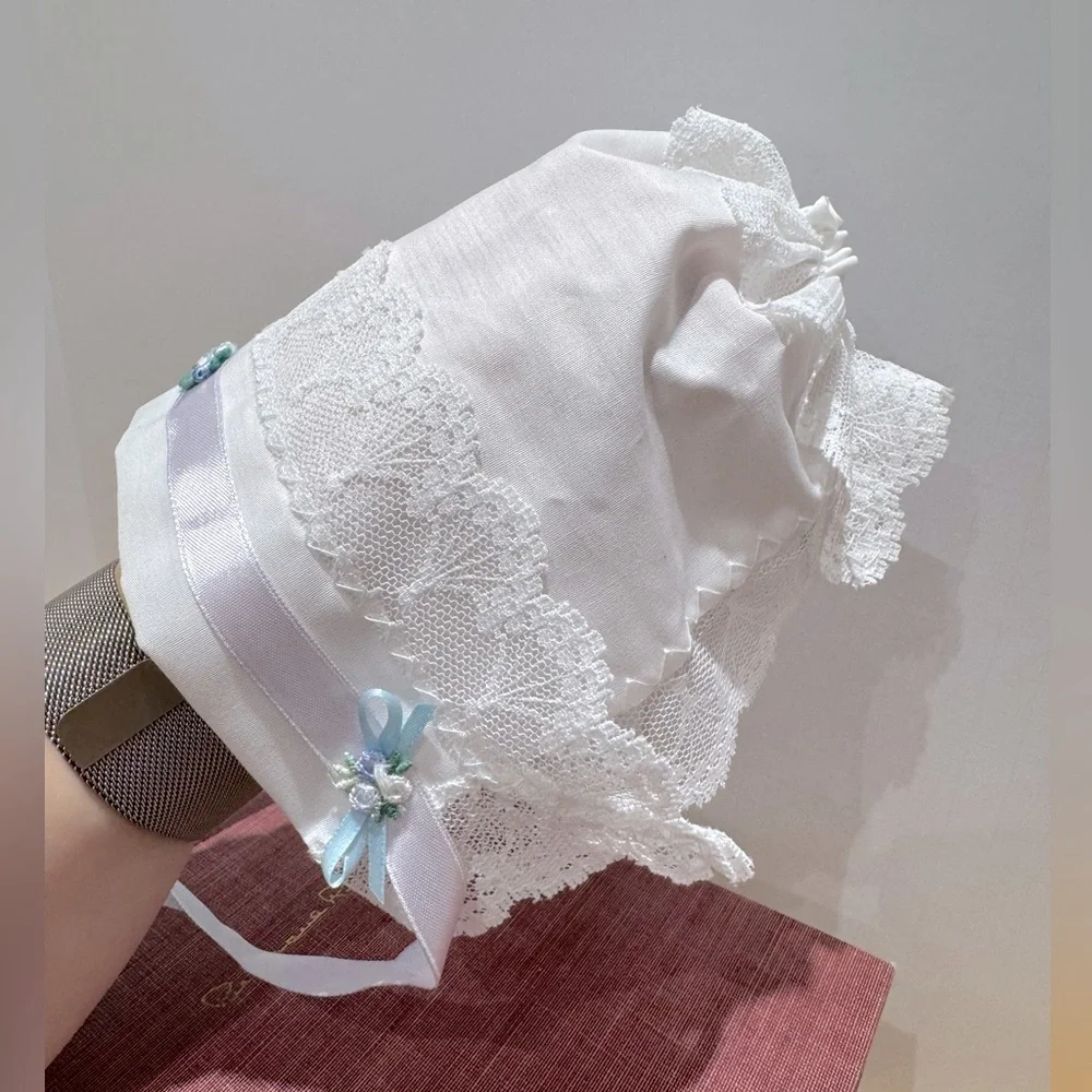 White Lace Baby Bonnet with Blue Accents
